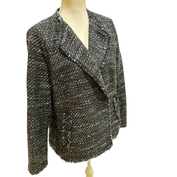 Talbots black blue Blazer Classic Tweed Boucle lined blazer fringe hems size 12 - Picture 2 of 10